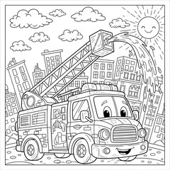 Cute fire truck coloring page. Adorable cartoon emergency vehicle illustration. A friendly fire truck with a ladder spraying water, on a city street with a smiling sun. Great for kids.