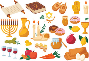 Jewish holiday icons collection: menorah, Torah, dreidels, honey, apples, pomegranate, wine — festive vector set for Hanukkah, Rosh Hashanah & Jewish celebrations.