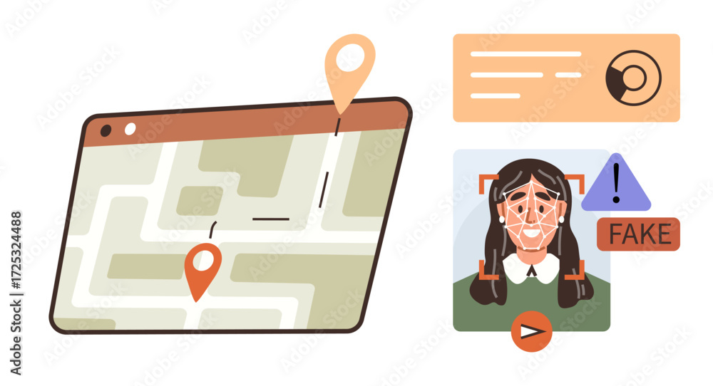 Poster digital map with location pins and deepfake detection interface with a flagged fake alert. ideal for