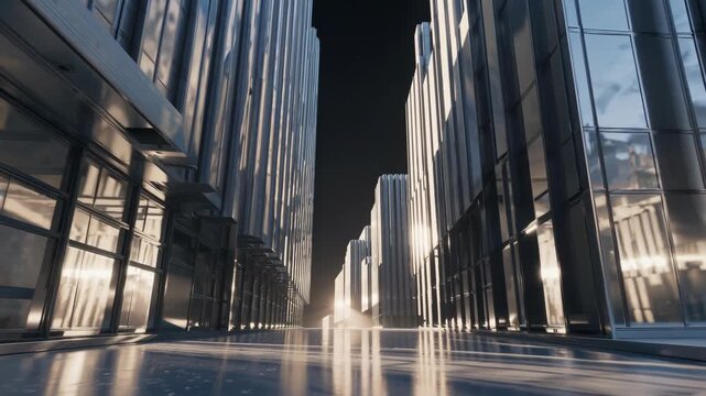 Futuristic Cityscape With Illuminated Skyscrapers Reflecting Light in a Modern Urban Setting at Night, Featuring Sleek Architecture and a Sense of Innovation