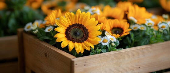 Vibrant Sunflowers and Daisies in a Wooden Planter Box