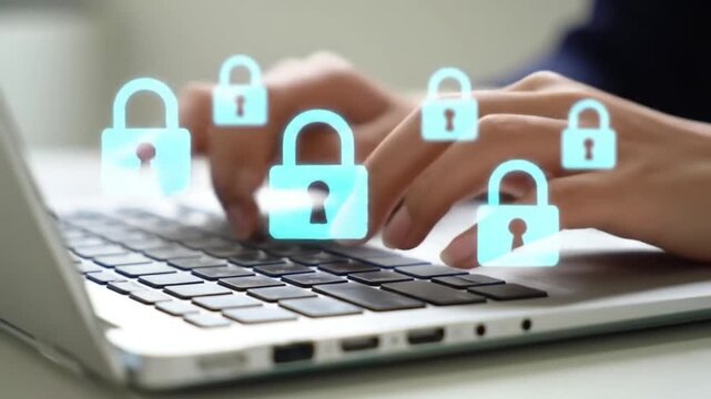 Typing on a Silver Laptop with Animated Teal Padlocks Displayed Above Keyboard on White Surface - Powered by Adobe