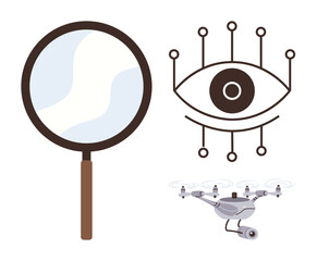 Magnifying glass, stylized eye with circuit-thumbs up lines, and drone showcase surveillance, analysis, and technology. Ideal for security, innovation, research, inspection AI digital monitoring