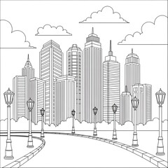 Obraz premium Cityscape coloring page. Detailed urban scene illustration. A winding road with a line of street lamps leading into a modern city skyline. Perfect printable activity for children.