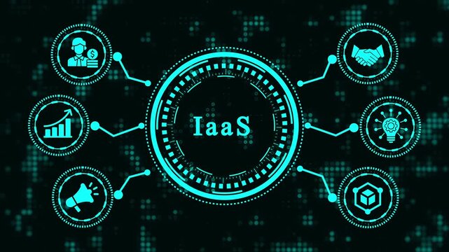 The iaas concept is displayed on a futuristic interface, showcasing infrastructure as a service and its potential applications in various fields, including cloud computing