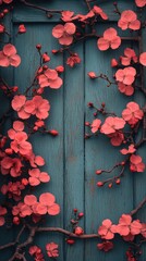Stunning Coral Blossoms on Rustic Teal Wood