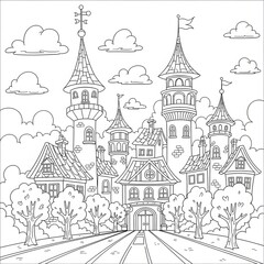 Naklejka premium Fantasy cityscape coloring page. Detailed magical town illustration. A street leading to a whimsical city with charming houses and towering spires. Fun printable activity for children.