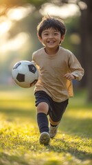 Joyful Young Soccer Player Running on Grass