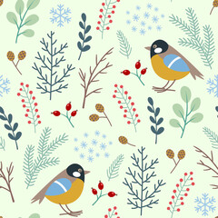 A pixelated pattern of winter flora and fauna on a light green background