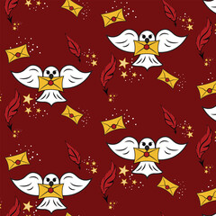 Pattern with Magic White Owl with red feathers and golden letters on red background
