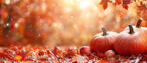 Autumnal Serenity: Pumpkins and Apples Amidst Falling Leaves