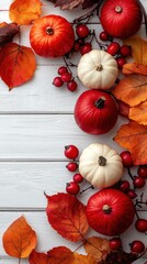 Autumnal Harvest: Pumpkins, Berries, and Fall Leaves on Rustic White Wood