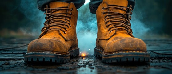 Resilience: A pair of worn leather boots stand defiant against a smoky, industrial backdrop, symbolizing strength and perseverance through challenges.