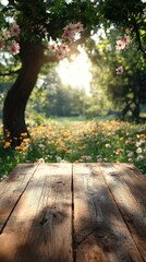 Serene Spring Garden Scene with Wooden Table