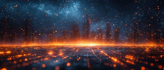 Futuristic Cityscape: A Night of Sparkling Lights and Cosmic Dust