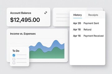 Flat illustration account balance dashboard with income expenses chart receipts transaction history
