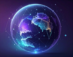 A vibrant, low-poly globe glows with interconnected nodes and edges, set against a dark, cosmic backdrop