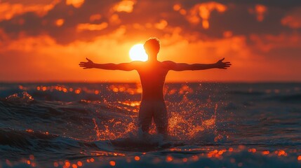 Sunset Silhouette: Man Embraces Ocean's Embrace at Golden Hour