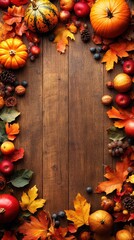 Autumn Harvest Abundance: A Thanksgiving Frame of Fall Fruits, Pumpkins and Leaves on Rustic Wooden Background