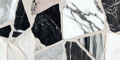 Mixed black and white marble stone fragments set in polished concrete surface