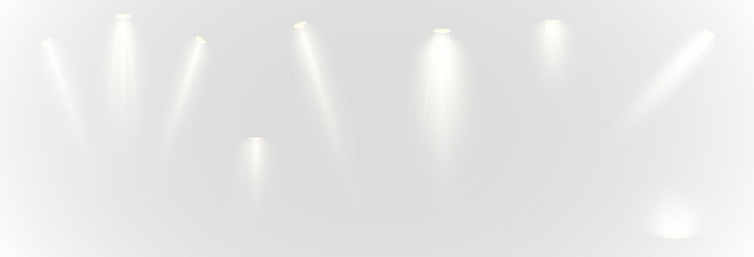 Spotlight, vector light set png, walls, studio light, different colors and shades of realistic light for design, advertising, banner, poster. Light rays and light effect	
