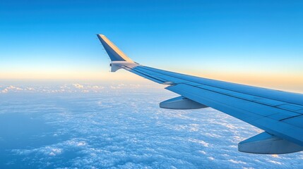 Obraz premium Aerial View: Wing of Airplane above Clouds at Sunrise