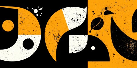 Abstract geometric illustration in black, orange, and white with grunge texture