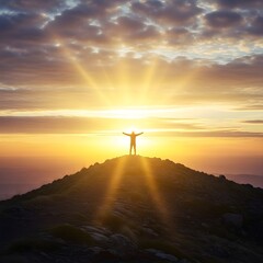 Obraz premium Silhouette of a person with arms raised in victory on a mountain peak at sunrise, celebrating success and freedom