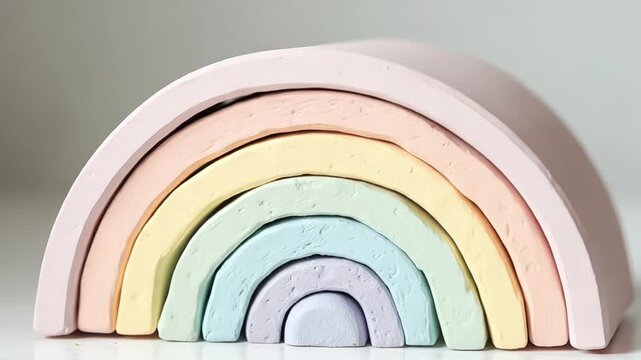 Pastel rainbow stacker toy showcasing soft, muted colors and minimalist design aesthetics