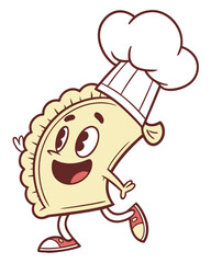 Illustration of a cartoon Pierogi with chef hat running and smiling

