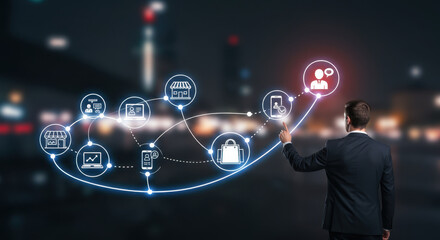 Business customer journey roadmap illustration, with a glowing, curved line path connected by circular nodes and white outline icons.