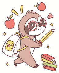 Cute sloth with backpack, apple and books. Vector illustration.