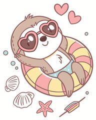 Cute sloth in sunglasses and lifebuoy. Vector illustration.