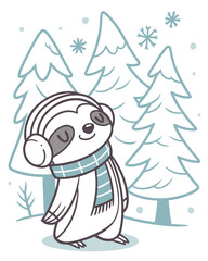 Cute sloth in the winter forest. Vector cartoon illustration.