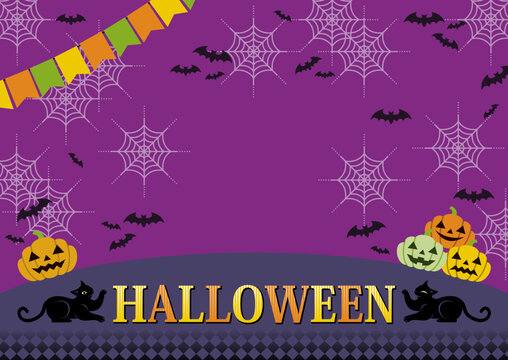 ハロウィンのイラスト背景用デザイン「ジャックオーランタンと蜘蛛の巣と蝙蝠と黒猫」コピースペース（Halloween illustration background design "Jack-o'-lantern, spider web, bat and black cat" copy space.）