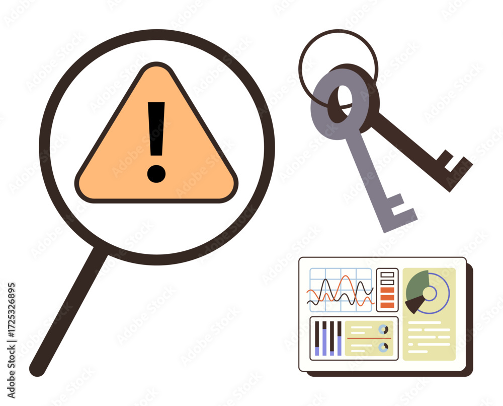 Poster magnifying glass focusing on critical warning sign, old-fashioned keys, and analytical dashboard wit