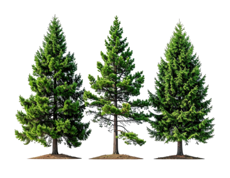 Three green fir trees in a row, isolated on black background