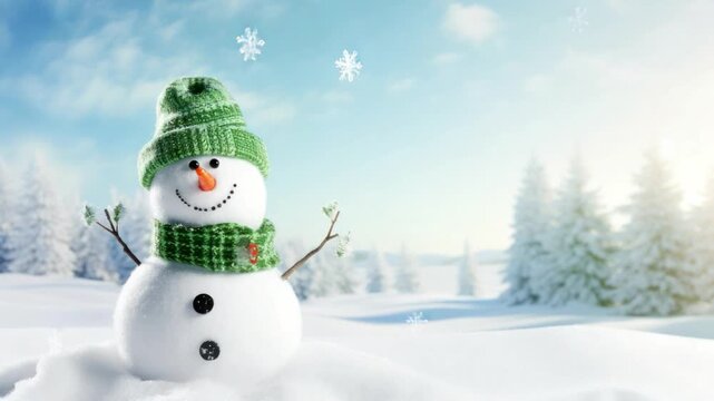 Snowman's Winter Wonderland: A cheerful snowman, adorned in a cozy green hat and scarf, stands in a serene winter landscape amidst a gentle snowfall, embracing the magic of the season.