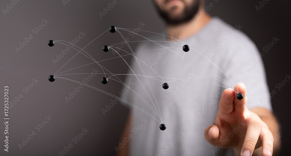 Poster Abstract network connection image.  Man interacts with digital nodes, representing global communication.
