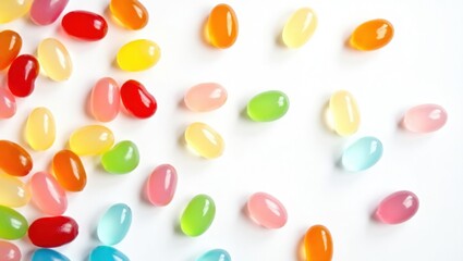 Gomitas esparcidas al azar sobre un fondo blanco, con superficies brillantes que reflejan la luz y resaltan la colorida variedad de dulces