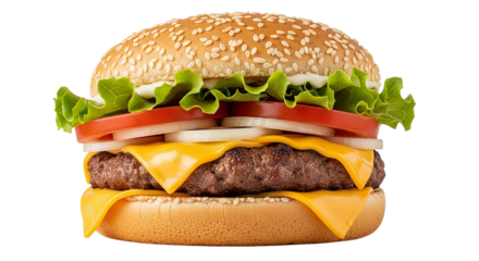 A tempting close up of a juicy cheeseburger stacked high promising a delicious bite with fresh crisp toppings and bold