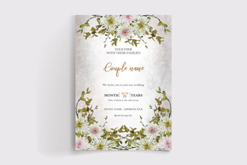 WEDDING INVITATION FRAME WITH FLOWER DECORATIONS AND FRESH LEAVES