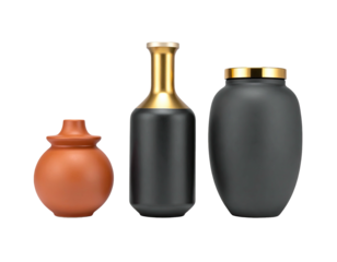 Three decorative vases in various colors and styles.  A small terracotta pot, a tall sleek black vase, and a wider black vase with a gold lid