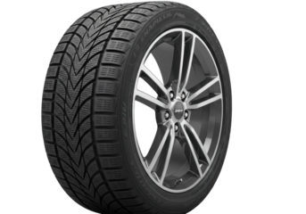 Black car tire, aggressive winter tread, white sidewall, on gleaming silver alloy wheel, isolated on transparent studio, high-key lighting. High-tech product display
