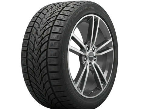Black car tire, aggressive winter tread, white sidewall, on gleaming silver alloy wheel, isolated on transparent studio, high-key lighting. High-tech product display