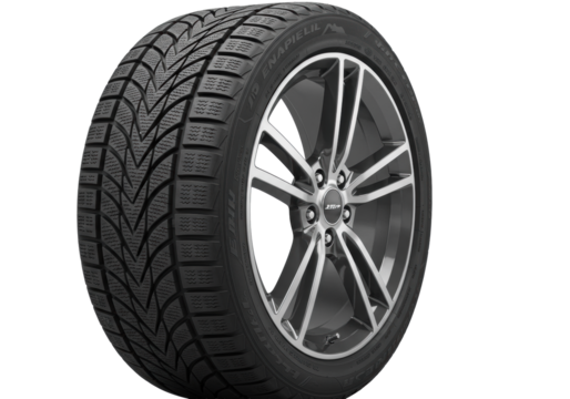 Black car tire, aggressive winter tread, white sidewall, on gleaming silver alloy wheel, isolated on transparent studio, high-key lighting. High-tech product display
