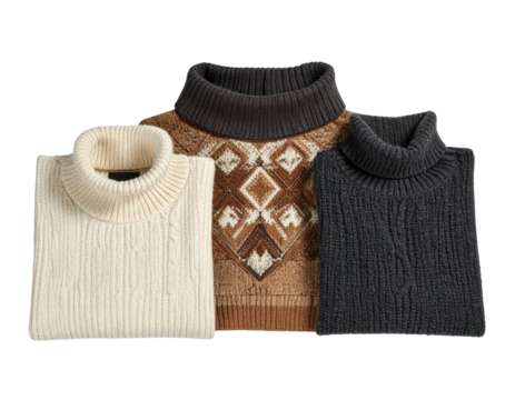 Three folded turtleneck sweaters in cream, brown, and gray