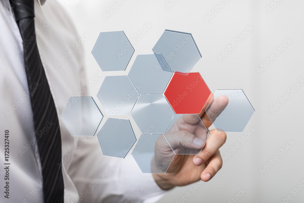 Poster a businessman interacts with a digital network, highlighting a key data point. concept of strategy a