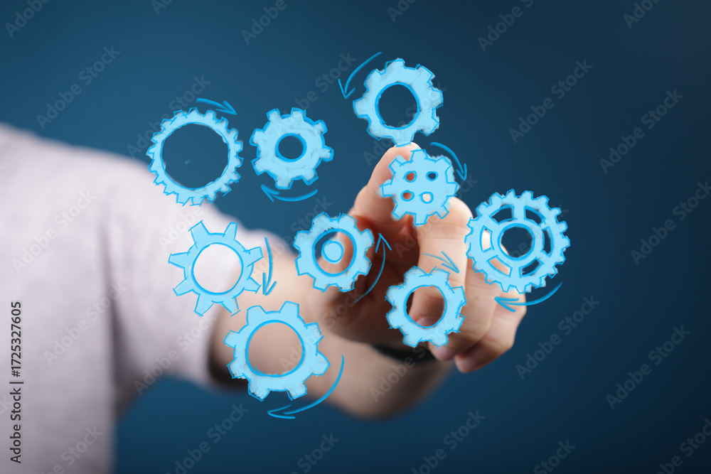 Poster conceptual image of gears representing teamwork, strategy, and efficient workflow. ideal for busines