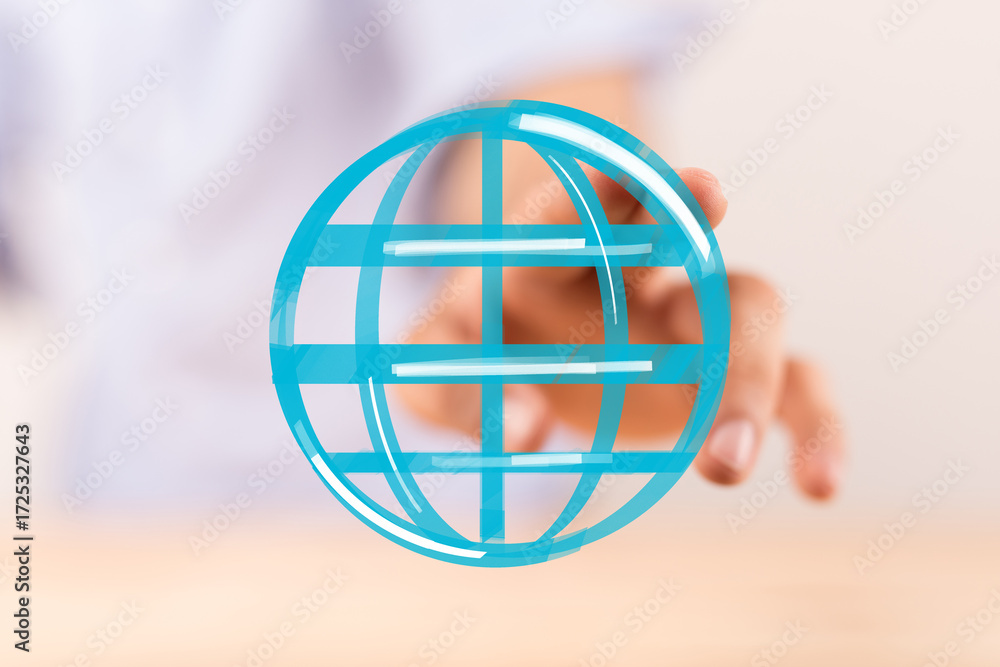 Poster person interacts with a digital globe, symbolizing global connection and networking.